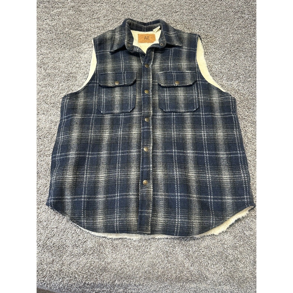 VTG Men's Large American Eagle Wool Plaid Sherpa Lined Vest Snap Front Y2K